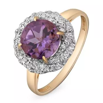 Кольцо с аметистом и фианитами из красного золота 585 пробы, размер 19