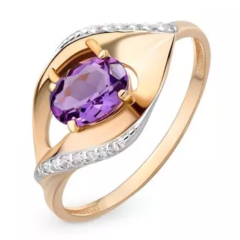 Кольцо с аметистом и фианитами из красного золота 585 пробы, размер 19