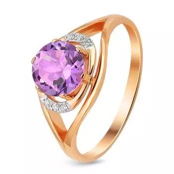 Кольцо с аметистом и фианитами из красного золота 585 пробы, размер 19
