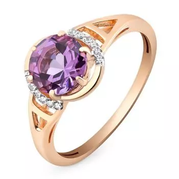 Кольцо с аметистом и фианитами из красного золота 585 пробы, размер 19.5