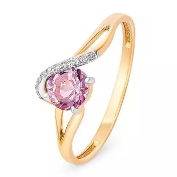 Кольцо с аметистом и фианитами из красного золота 585 пробы, размер 19.5