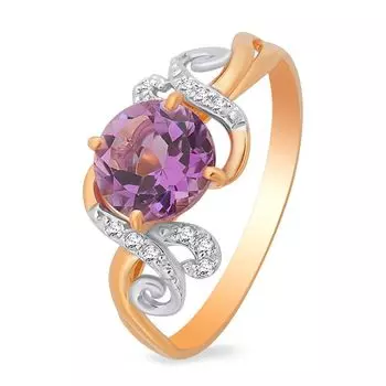 Кольцо с аметистом и фианитами из красного золота 585 пробы, размер 19.5