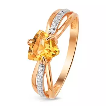 Кольцо с цитрином и фианитами из красного золота 585 пробы, размер 16.5