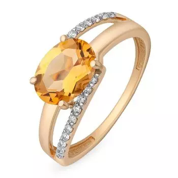 Кольцо с цитрином и фианитами из красного золота 585 пробы, размер 17
