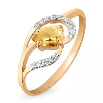 Кольцо с цитрином и фианитами из красного золота 585 пробы, размер 17.5