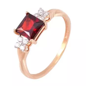 Кольцо с гранатом и фианитами из красного золота 585 пробы, размер 16.5