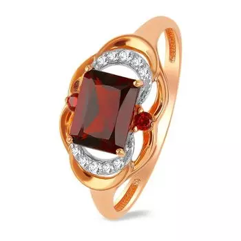 Кольцо с гранатом и фианитами из красного золота 585 пробы, размер 17