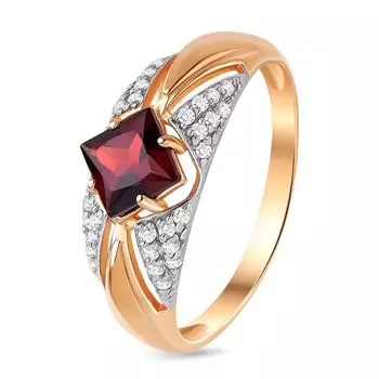 Кольцо с гранатом и фианитами из красного золота 585 пробы, размер 17.5