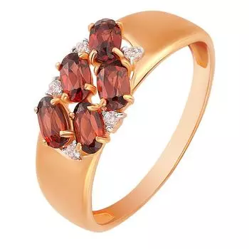 Кольцо с гранатом и фианитами из красного золота 585 пробы, размер 18.5