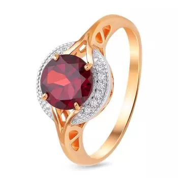 Кольцо с гранатом и фианитами из красного золота 585 пробы, размер 18.5