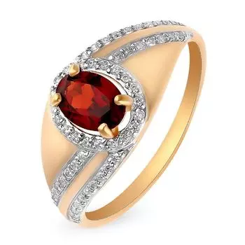 Кольцо с гранатом и фианитами из красного золота 585 пробы, размер 19