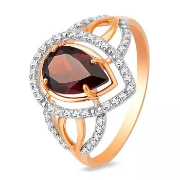 Кольцо с гранатом и фианитами из красного золота 585 пробы, размер 20