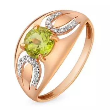 Кольцо с хризолитом и фианитами из красного золота 585 пробы, размер 17