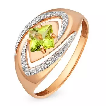 Кольцо с хризолитом и фианитами из красного золота 585 пробы, размер 19