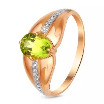 Кольцо с хризолитом и фианитами из красного золота 585 пробы, размер 19.5