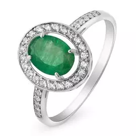 Кольцо с изумрудом и бриллиантами из белого золота 585 пробы, размер 17