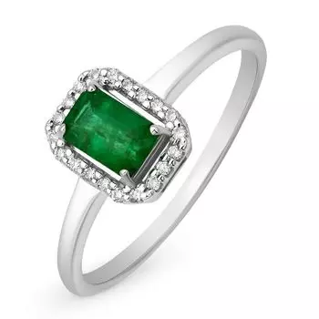 Кольцо с изумрудом и бриллиантами из белого золота 585 пробы, размер 17.5