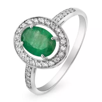 Кольцо с изумрудом и бриллиантами из белого золота 585 пробы, размер 19.5