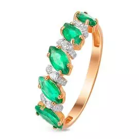 Кольцо с изумрудом и бриллиантами из красного золота 585 пробы, размер 15.5