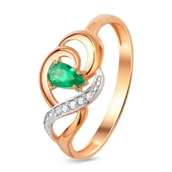 Кольцо с изумрудом и бриллиантами из красного золота 585 пробы, размер 16.5