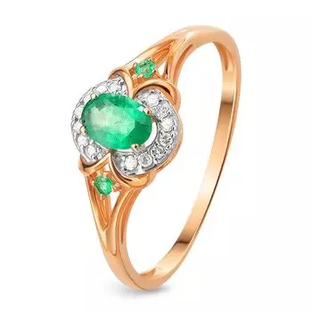 Кольцо с изумрудом и бриллиантами из красного золота 585 пробы, размер 17