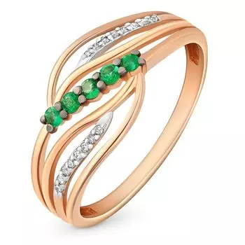 Кольцо с изумрудом и бриллиантами из красного золота 585 пробы, размер 17.5