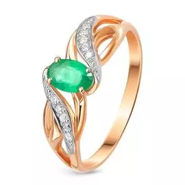 Кольцо с изумрудом и бриллиантами из красного золота 585 пробы, размер 17.5