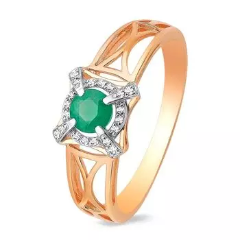 Кольцо с изумрудом и бриллиантами из красного золота 585 пробы, размер 19.5