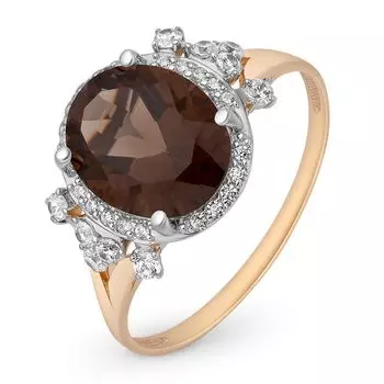 Кольцо с раух-топазом и фианитами из красного золота 585 пробы, размер 18.5