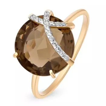 Кольцо с раух-топазом и фианитами из красного золота 585 пробы, размер 18.5