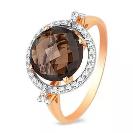 Кольцо с раух-топазом и фианитами из красного золота 585 пробы, размер 18.5