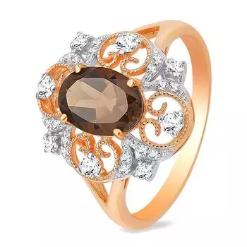 Кольцо с раух-топазом и фианитами из красного золота 585 пробы, размер 19