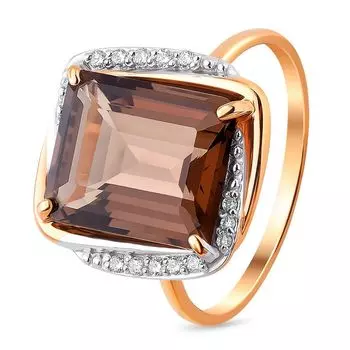 Кольцо с раух-топазом и фианитами из красного золота 585 пробы, размер 19.5