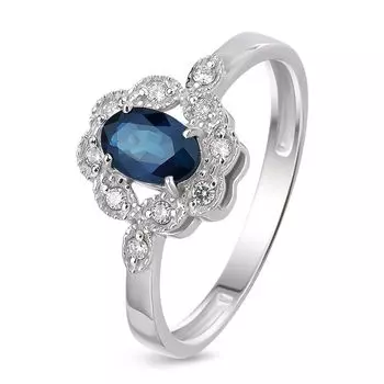 Кольцо с сапфиром и бриллиантами из белого золота 585 пробы, размер 16.5