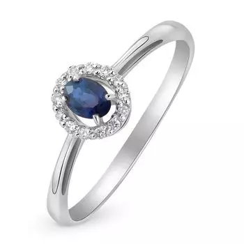 Кольцо с сапфиром и бриллиантами из белого золота 585 пробы, размер 17.5