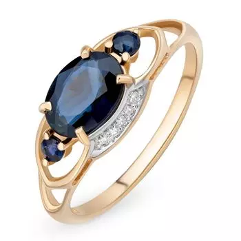 Кольцо с сапфиром и бриллиантами из красного золота 585 пробы, размер 16