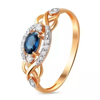 Кольцо с сапфиром и бриллиантами из красного золота 585 пробы, размер 17