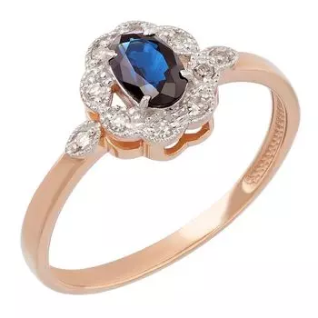 Кольцо с сапфиром и бриллиантами из красного золота 585 пробы, размер 17