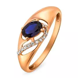 Кольцо с сапфиром синтетическим и бриллиантами из красного золота 585 пробы, размер 18