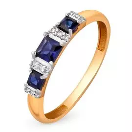 Кольцо с сапфиром синтетическим и бриллиантами из красного золота 585 пробы, размер 18