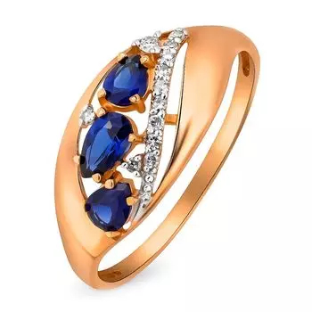 Кольцо с сапфиром синтетическим и бриллиантами из красного золота 585 пробы, размер 18.5