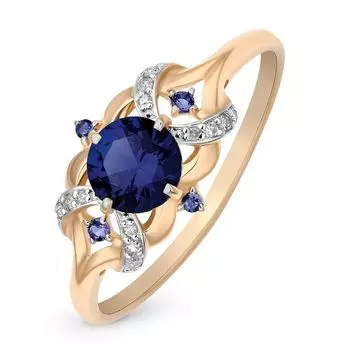 Кольцо с сапфиром синтетическим и бриллиантами из красного золота 585 пробы, размер 19