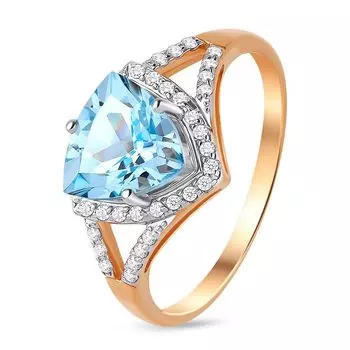 Кольцо с топазом и фианитами из красного золота 585 пробы, размер 18.5