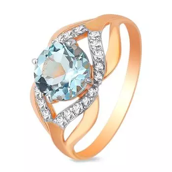 Кольцо с топазом и фианитами из красного золота 585 пробы, размер 19