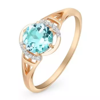 Кольцо с топазом и фианитами из красного золота 585 пробы, размер 19.5