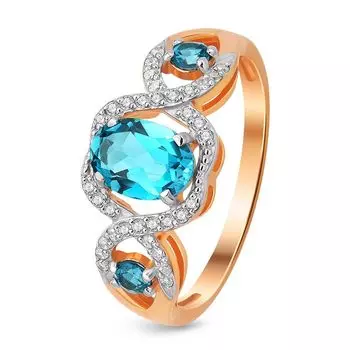 Кольцо с топазом лондон и фианитами из красного золота 585 пробы, размер 18