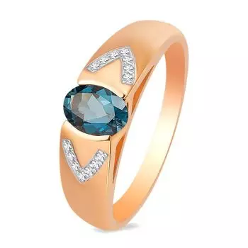 Кольцо с топазом лондон и фианитами из красного золота 585 пробы, размер 18.5