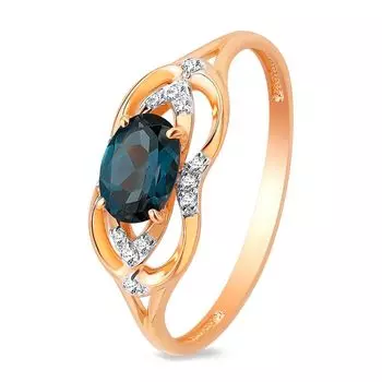 Кольцо с топазом лондон и фианитами из красного золота 585 пробы, размер 19.5