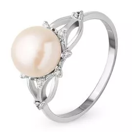 Кольцо с жемчугом и фианитами из белого золота 585 пробы, размер 18