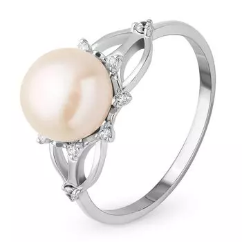 Кольцо с жемчугом и фианитами из белого золота 585 пробы, размер 19